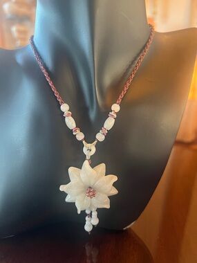 Handcarved Jade/ Jadeite Flower Pendant Knotted Macrame